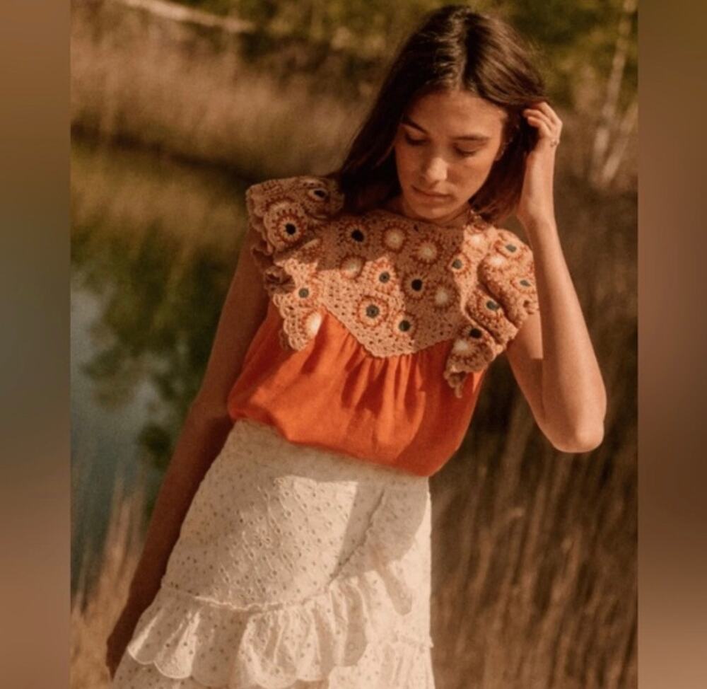Sézane Crochet Yoke Top 34 Boho Embroidered Knit Blouse Anthro Style (XS/S)